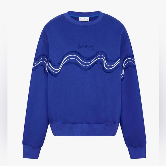 House of Sunny Make it Rain Sweatshirt in vivid royal blue w/ abstract wave - Picture 2 of 12